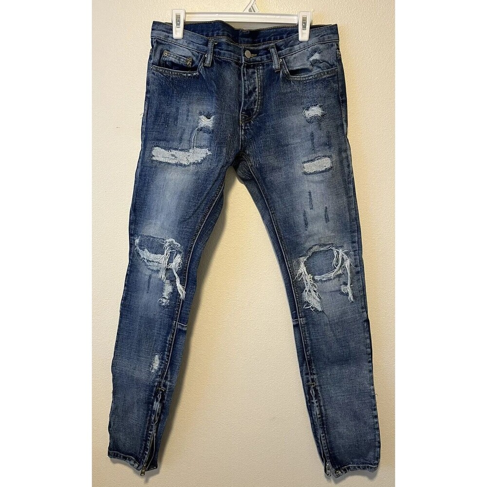 MNML Jeans Distressed Ankle Zip Button Fly Size 31 Blue Streetwear Grunge Punk